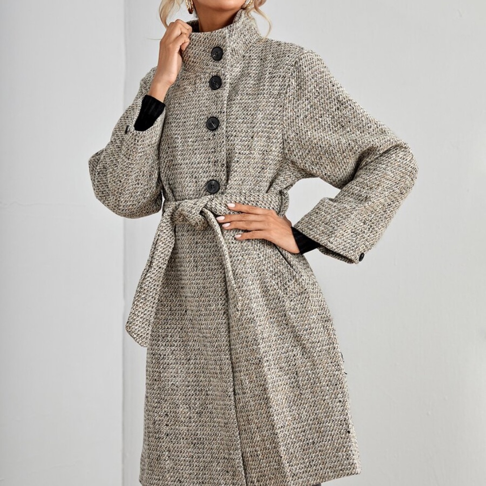 button closure tweed beige trench pea coat belted - Picture 3 of 6